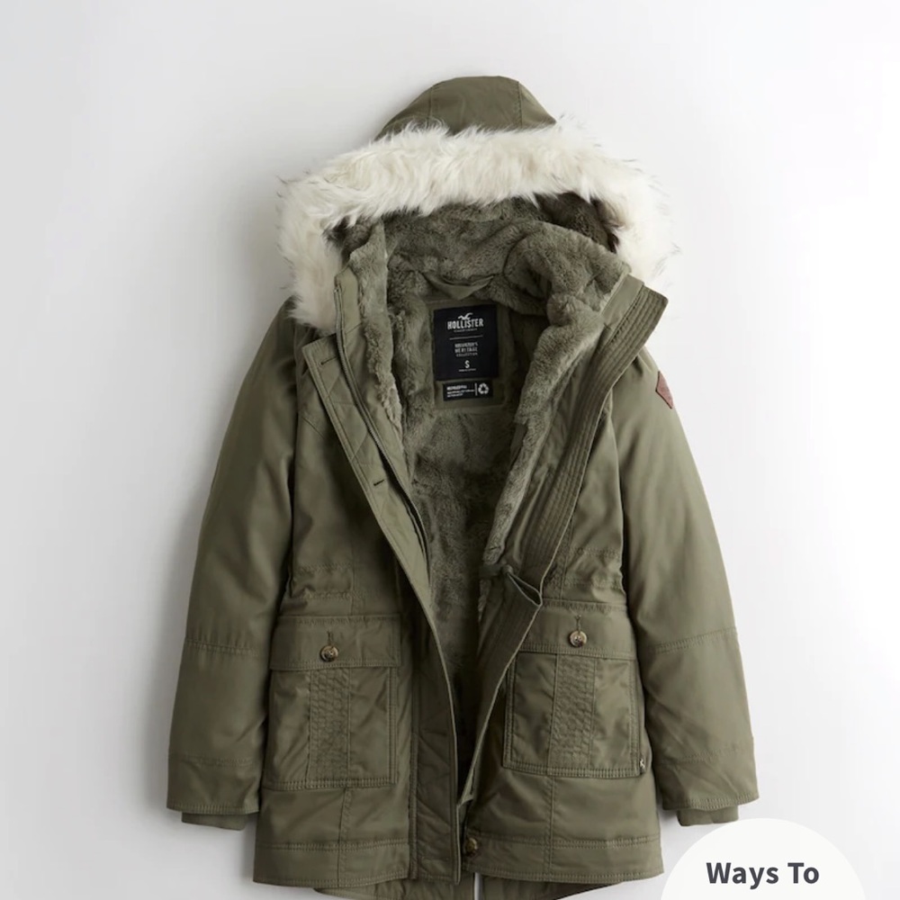 Hollister teddy lined parka Olive green